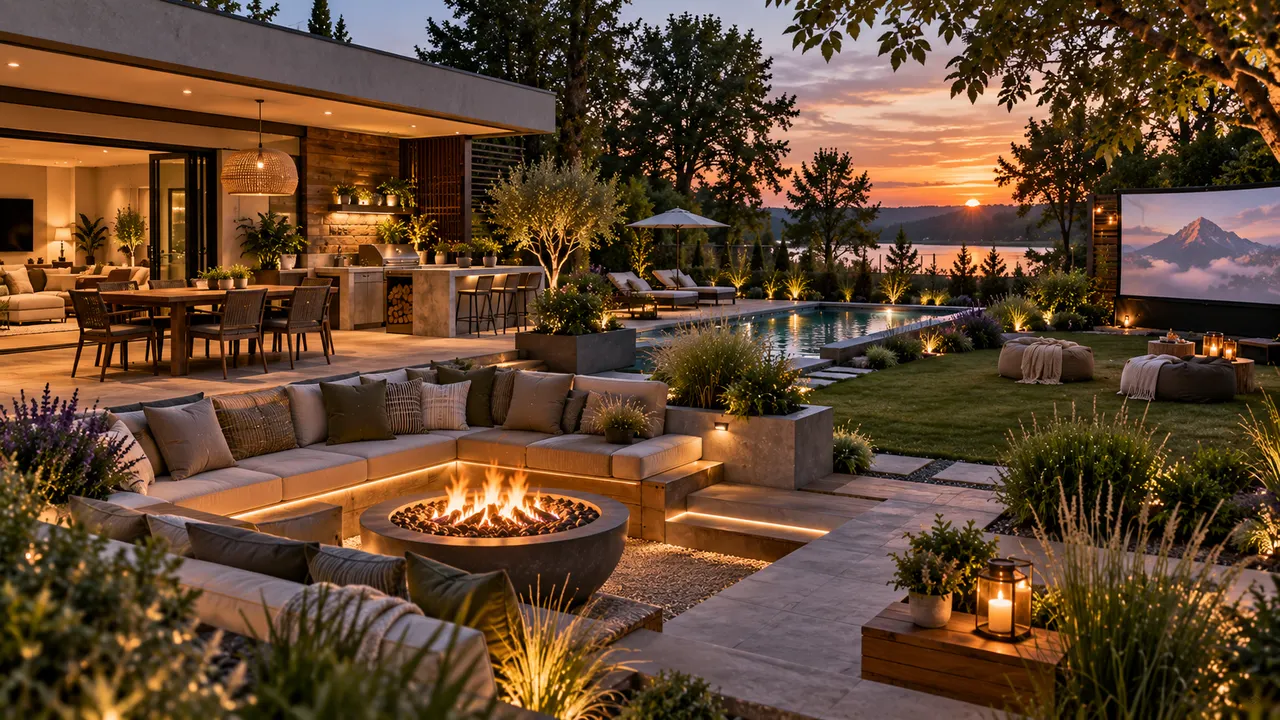 AI-generated image of backyard patio surrounded by tall potted plants, a wooden trellis and layered greenery creating privacy without a fence