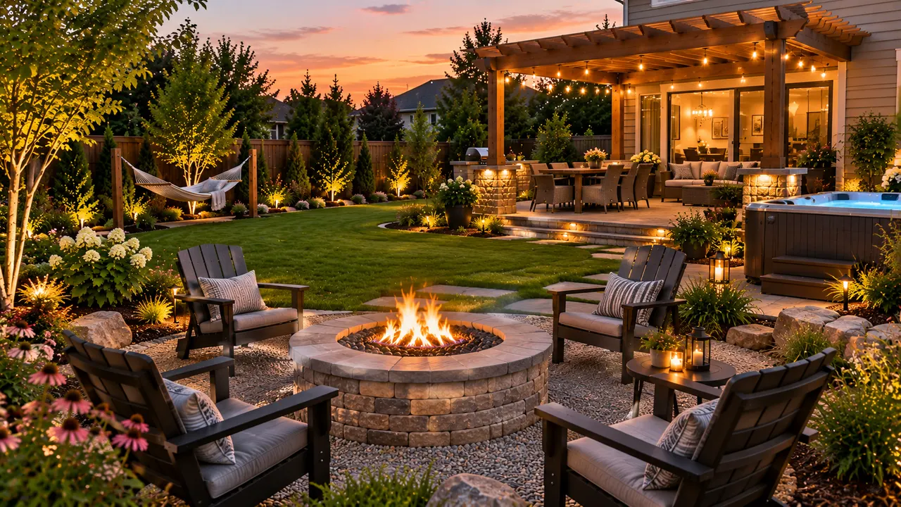 AI-generated image of backyard pool area set up as a relaxing staycation retreat with loungers and greenery