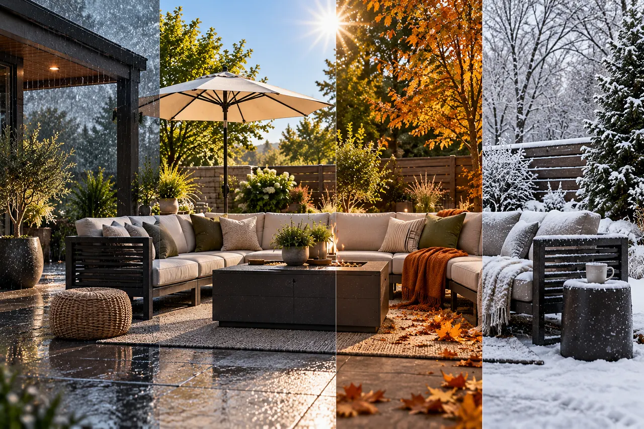 AI-generated image of outdoor patio furniture set including a wicker sofa and metal table exposed to rain and sunlight in a backyard