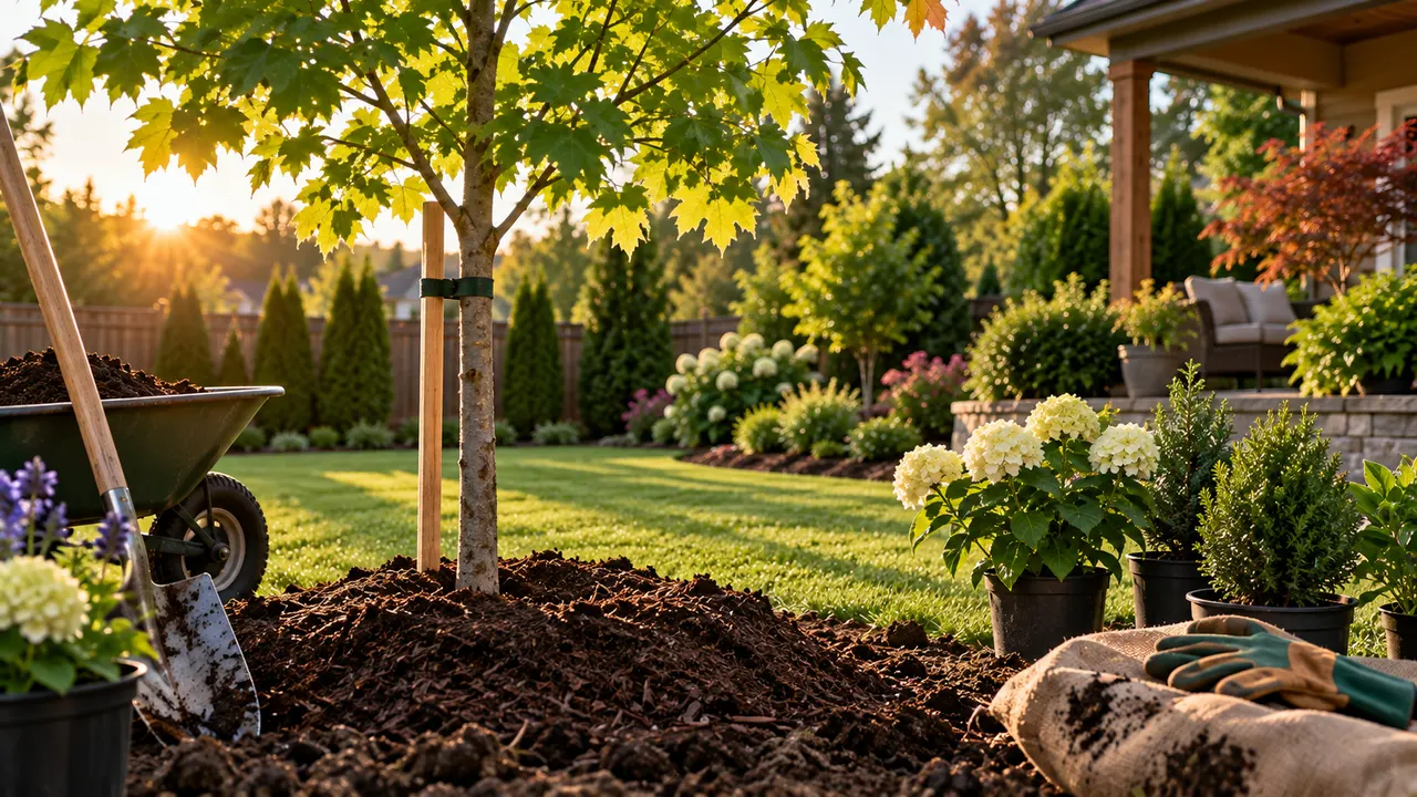 AI-generated image of row of tall, dense evergreen privacy trees planted along a backyard fence line to block a neighbor's view