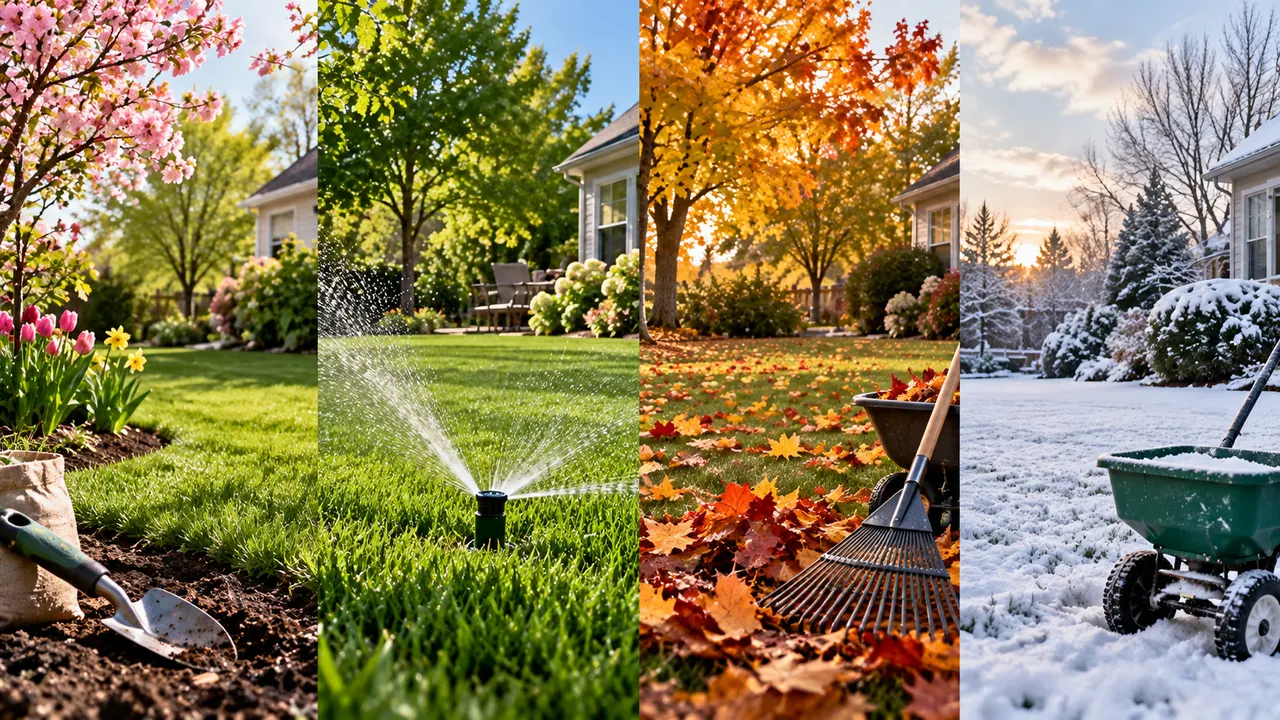 AI-generated image of homeowner using a broadcast spreader to fertilize a green lawn in early fall