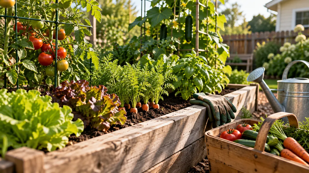 AI-generated image of wooden raised garden bed filled with young lettuce, tomato and pepper seedlings for a beginner vegetable garden