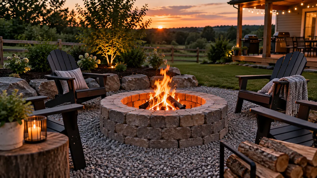 AI-generated image of DIY backyard fire pit built from stacked concrete pavers with a gravel base, surrounded by patio chairs on a stone patio