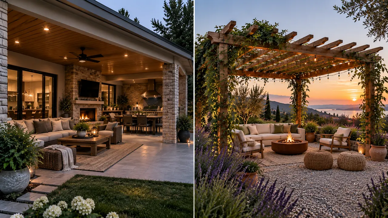 AI-generated image of solid-roofed covered patio beside an open-lattice pergola in a backyard, shown side by side
