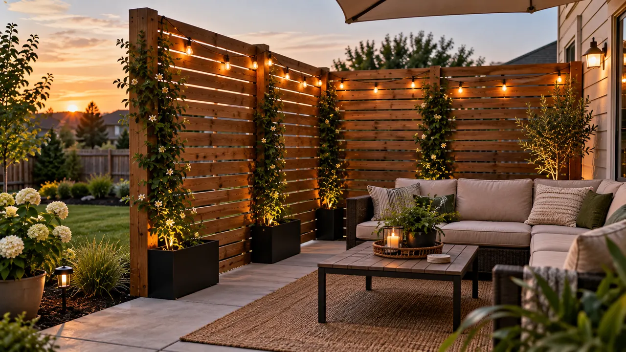 AI-generated image of wooden slat DIY backyard privacy screen with climbing vines shielding a patio seating area from a neighboring yard