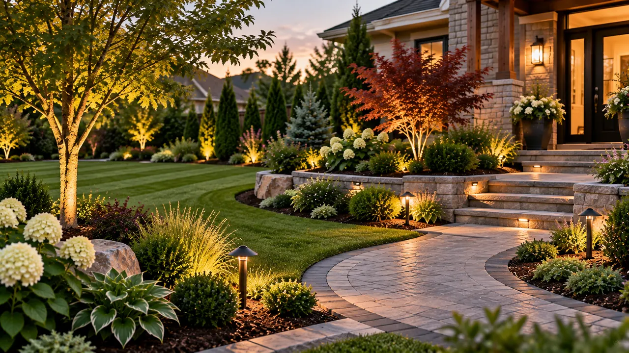 AI-generated image of landscaped front yard with layered plantings, a stone walkway and path lighting leading to a home's entrance