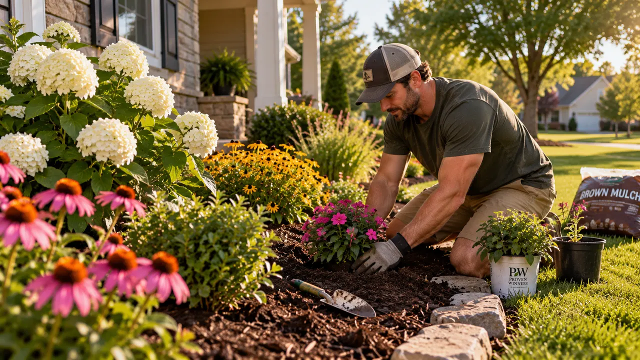 AI-generated image of gardener planting young flowering plants into a backyard flower bed