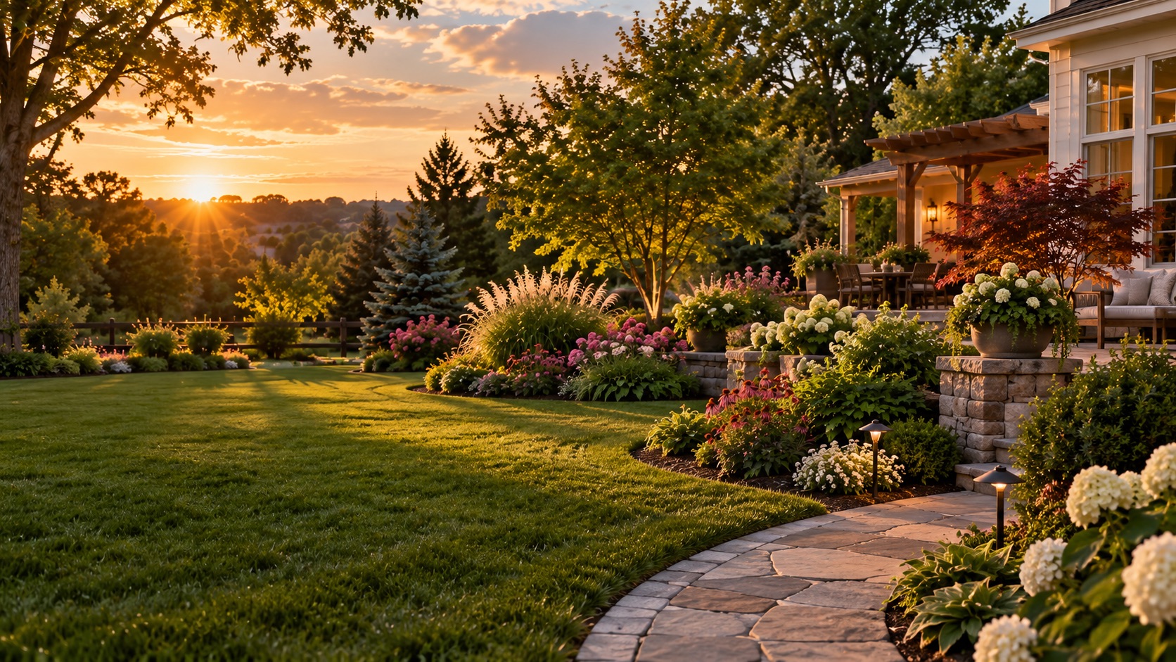 Beautiful backyard garden with flowers and plants
