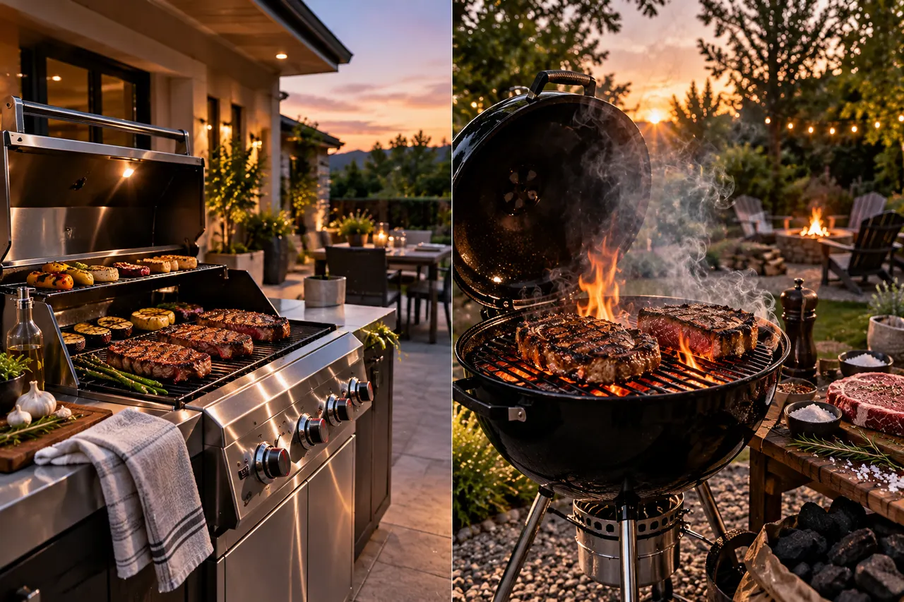 AI-generated image of side-by-side comparison of a gas grill with control knobs and a charcoal kettle grill with glowing coals on a backyard patio