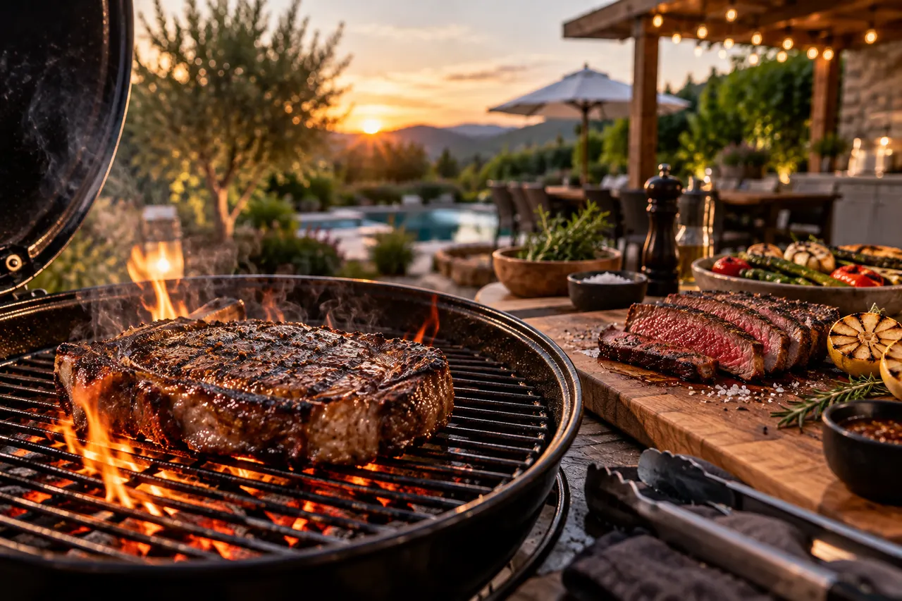AI-generated image of thick steak searing on a hot grill grate with visible char marks and a meat thermometer inserted to check doneness
