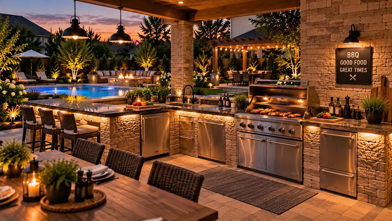 AI-generated image of outdoor kitchen grill station set up for cooking a full backyard BBQ meal