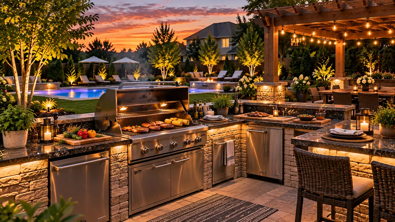 AI-generated image of grilling burgers and steaks on a backyard charcoal grill
