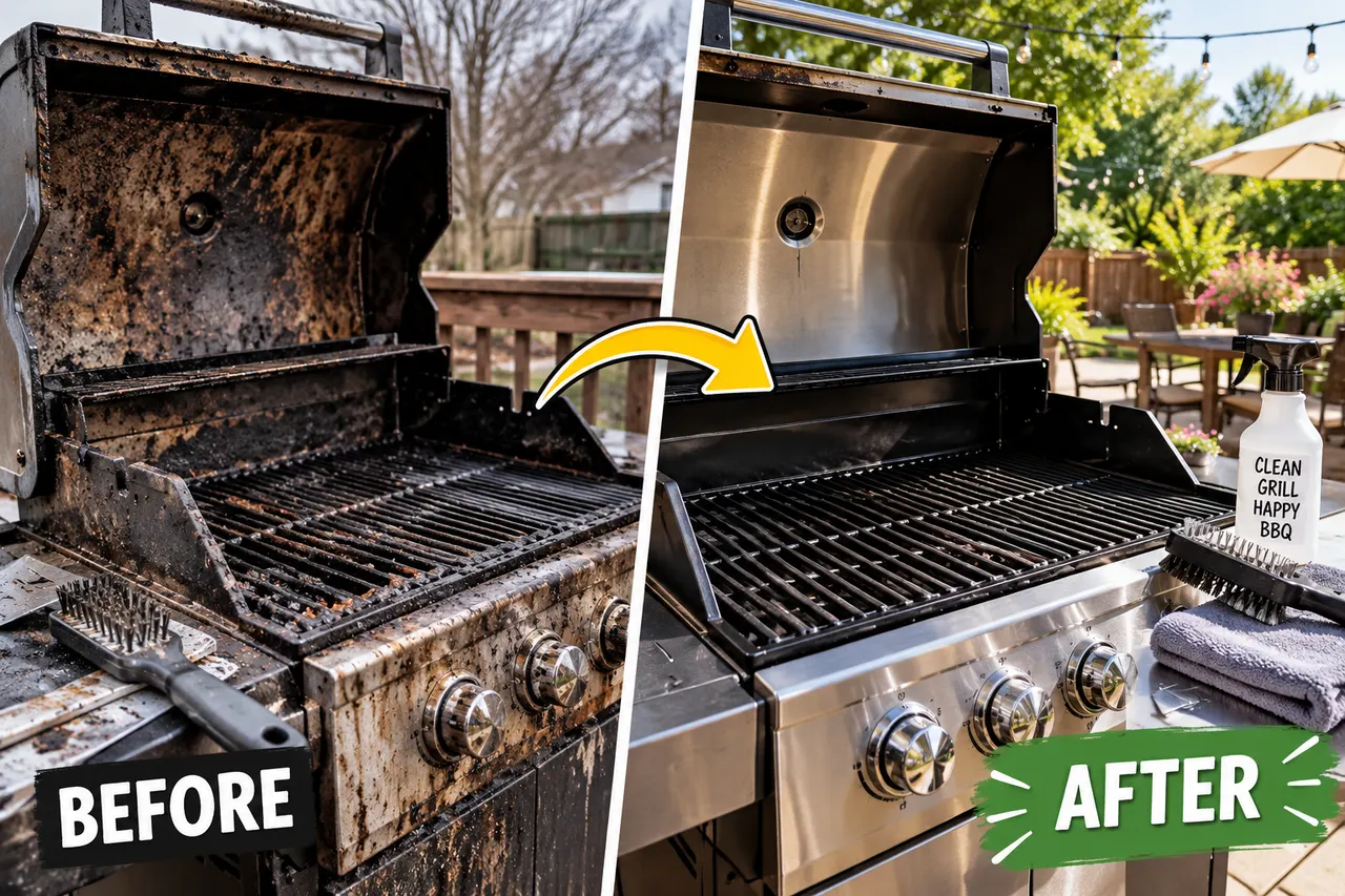 AI-generated image of person using a wire brush to scrub grease and residue off metal grill grates on an outdoor gas grill