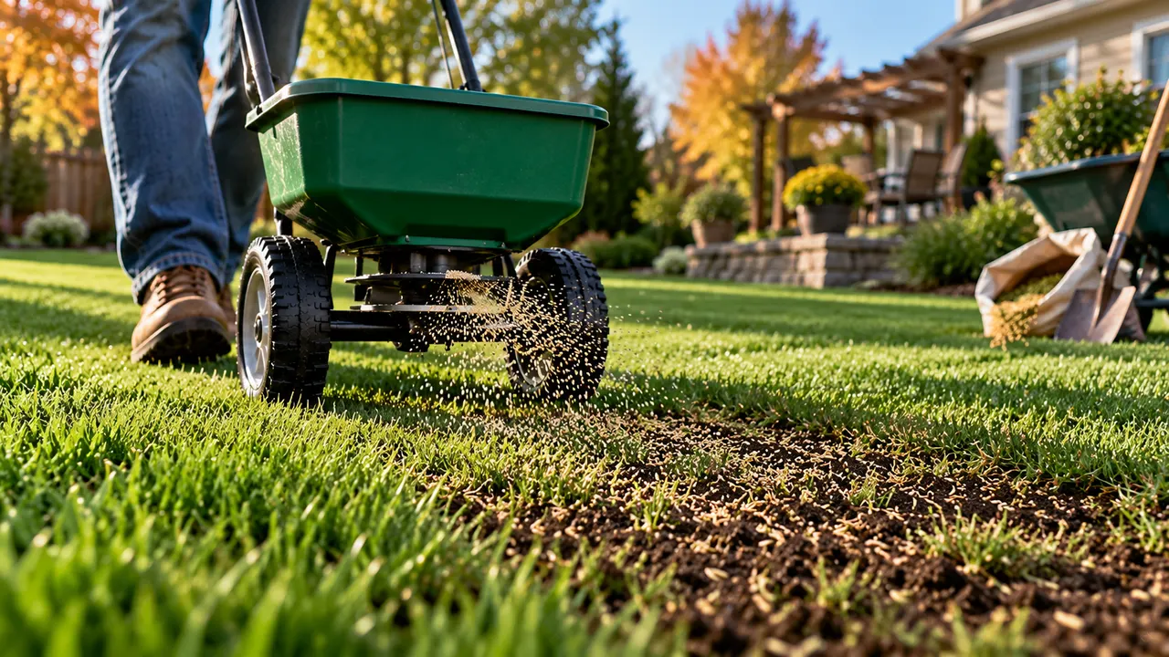 AI-generated image of broadcast spreader applying grass seed over a thin, patchy lawn during overseeding