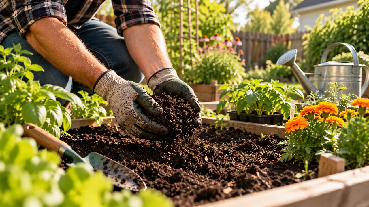 AI-generated image of gardener's hands working dark, crumbly prepared garden soil with a trowel before planting