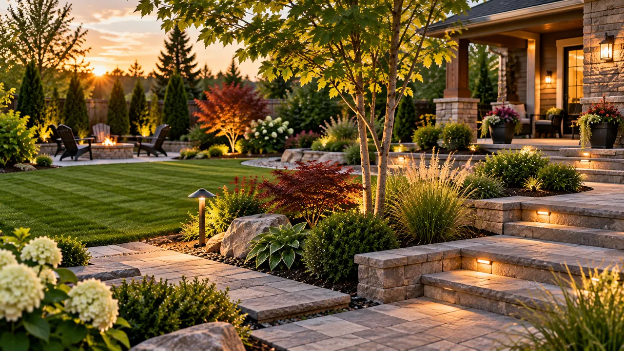 AI-generated image of landscaping crew installing a paver patio and planting beds during a backyard renovation