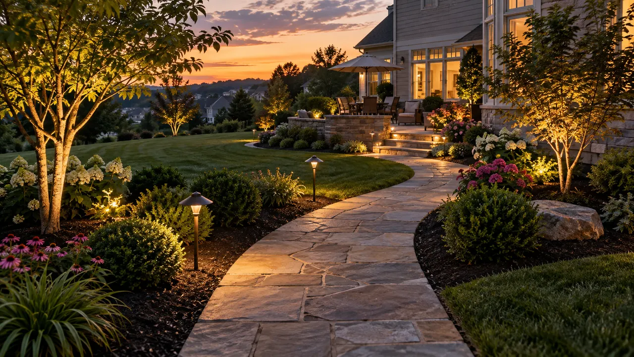 AI-generated image of landscaped front walkway lined with low path lighting and neatly edged planting beds