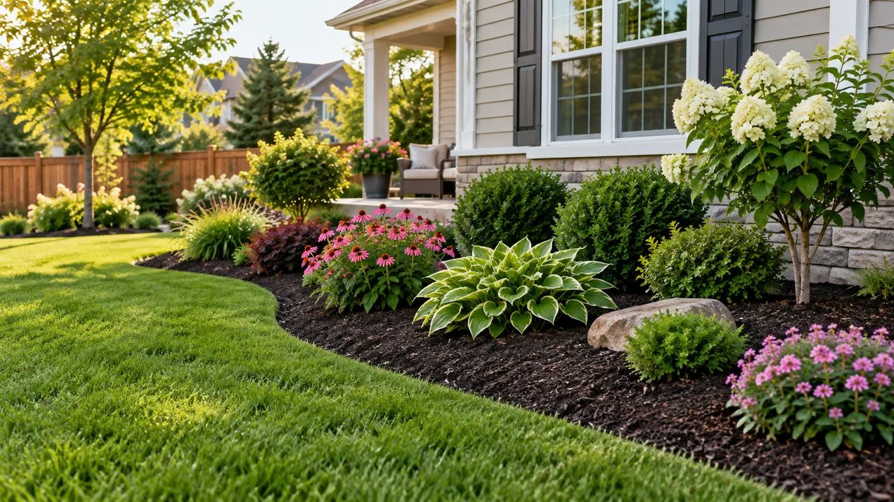 AI-generated image of freshly mulched landscaping beds bordering a backyard lawn during a yard redesign