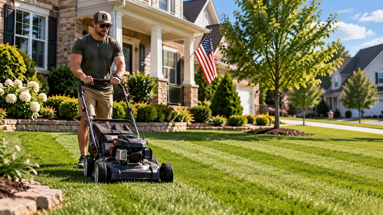 AI-generated image of mowing a healthy green backyard lawn