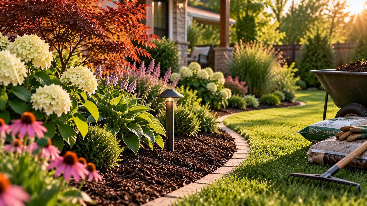 AI-generated image of backyard garden bed lined with neatly rounded low-maintenance shrubs including boxwood and flowering spirea