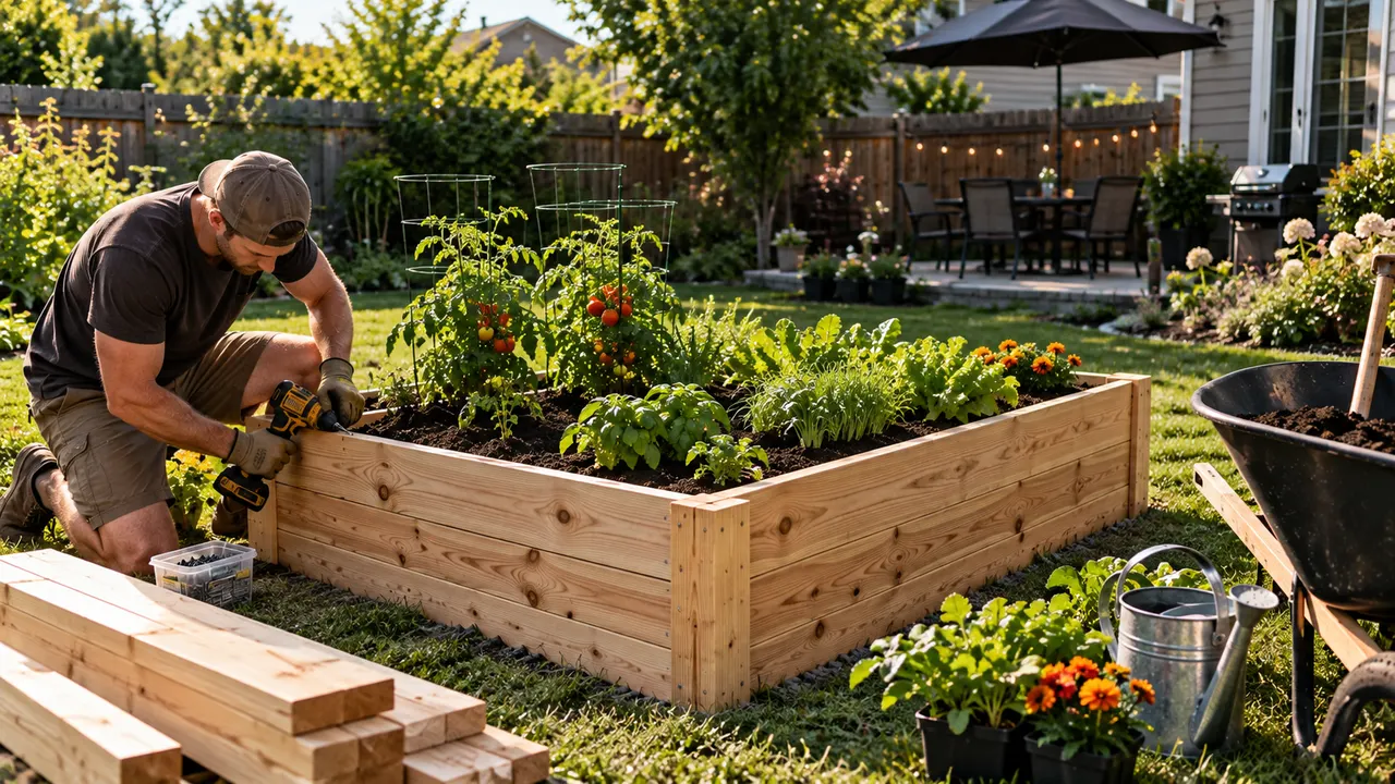 AI-generated image of wooden raised garden bed filled with soil and young vegetable plants in a backyard
