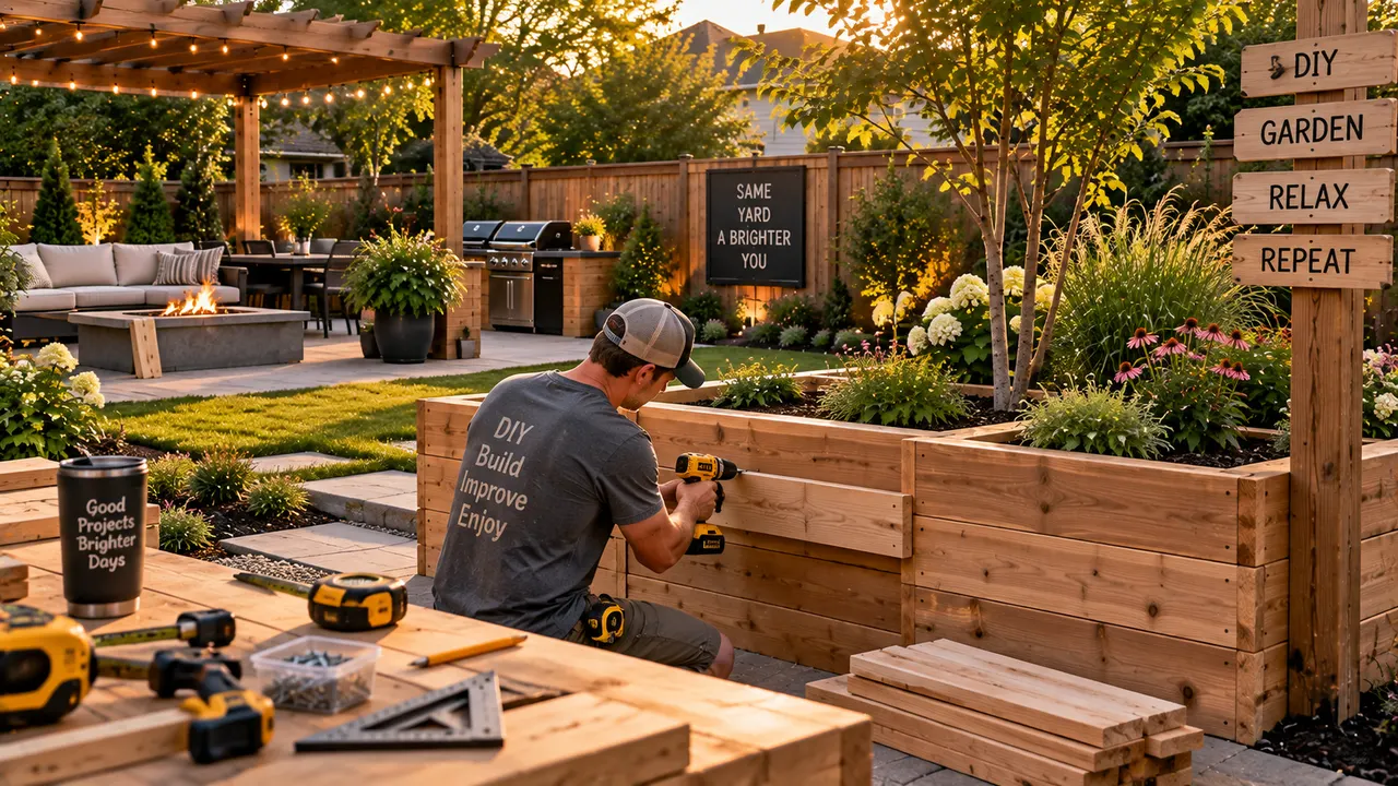 AI-generated image of homeowner building a wooden backyard fence panel during a weekend DIY project