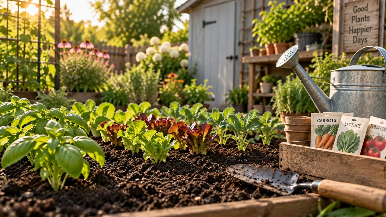 AI-generated image of rows of young vegetable seedlings freshly planted in garden soil at the start of spring planting season