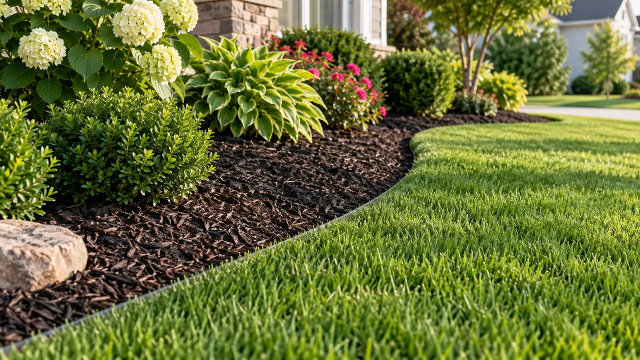 AI-generated image of freshly edged lawn border showing a crisp line between grass and garden bed