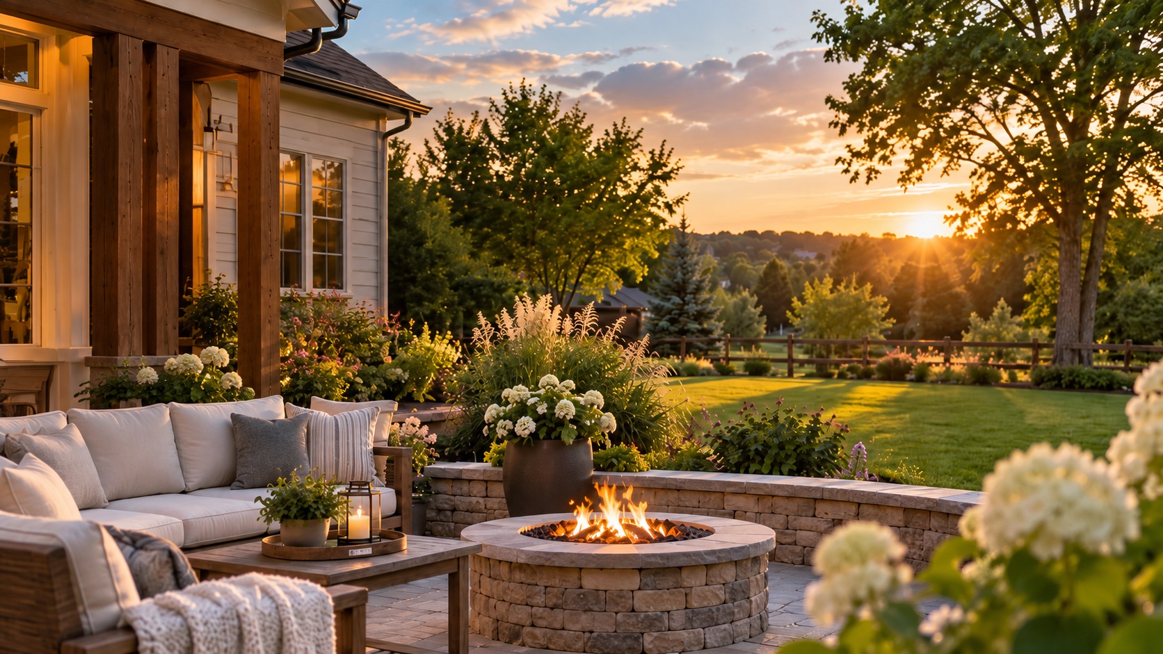 Beautiful traditional American backyard with a wooden deck and grill