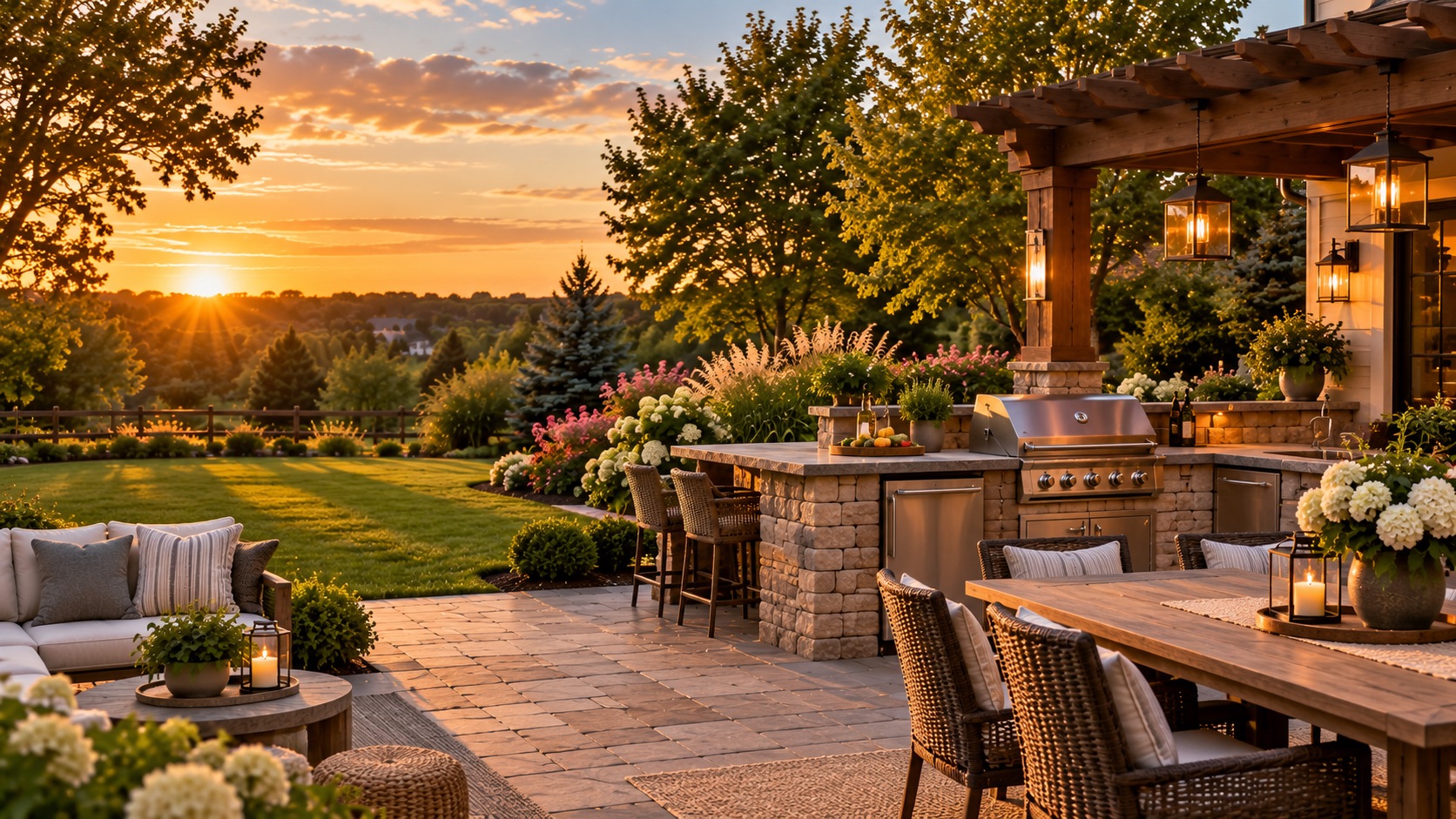 American backyard patio with outdoor kitchen and barbecue grill