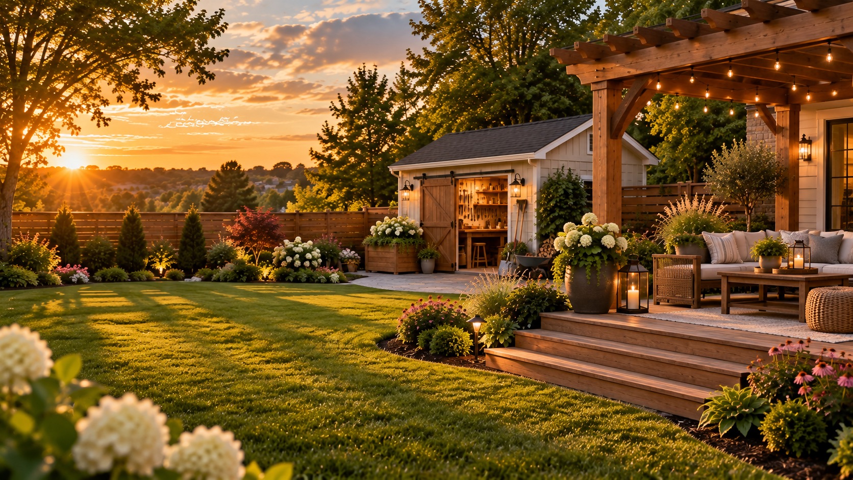 Backyard transformation with wooden deck and beautiful lawn