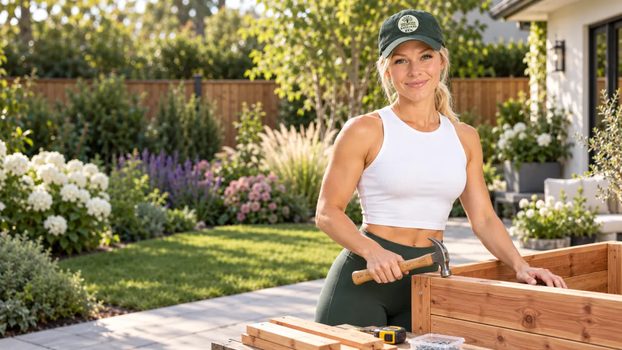 AI-generated image of Emma, the Backyard with Ben host, in a dark green cap holding a hammer beside a cedar raised bed in a sunny backyard garden